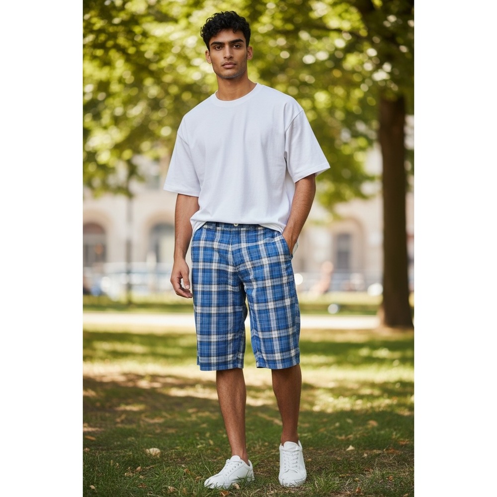 Southpole Mens Blue White Plaid Shorts Size 32 Relaxed Fit Streetwear Y2K Retro